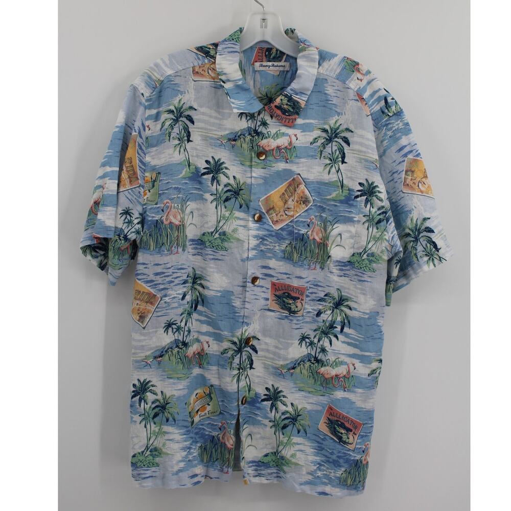 Tommy Bahama Shirt Mens L Blue Flamingo Linen Hawaiian Button Up Short Sleeve